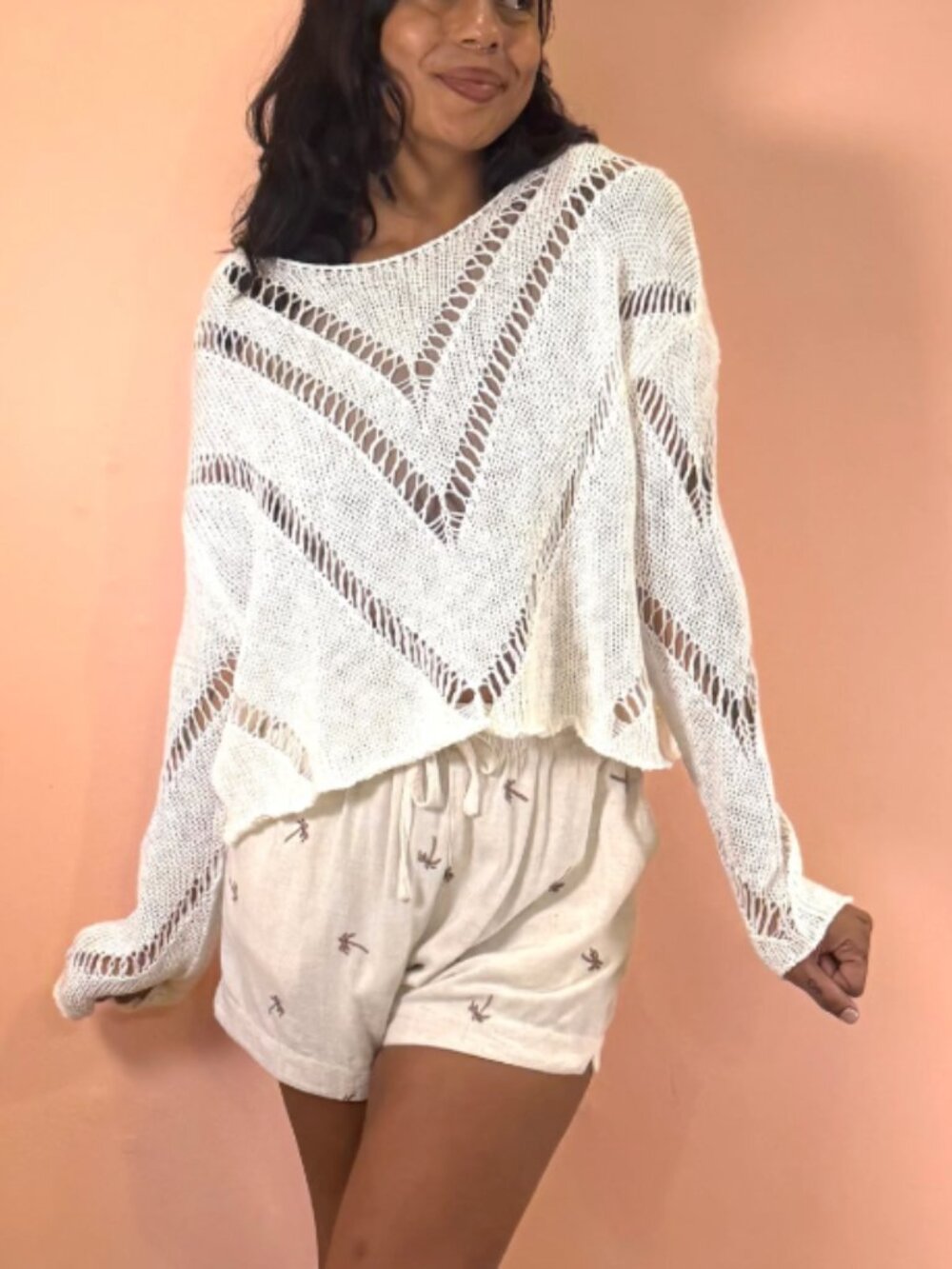 ELAN Scoop Neck Sweater With Cutout Crochet V Details Off White L Large